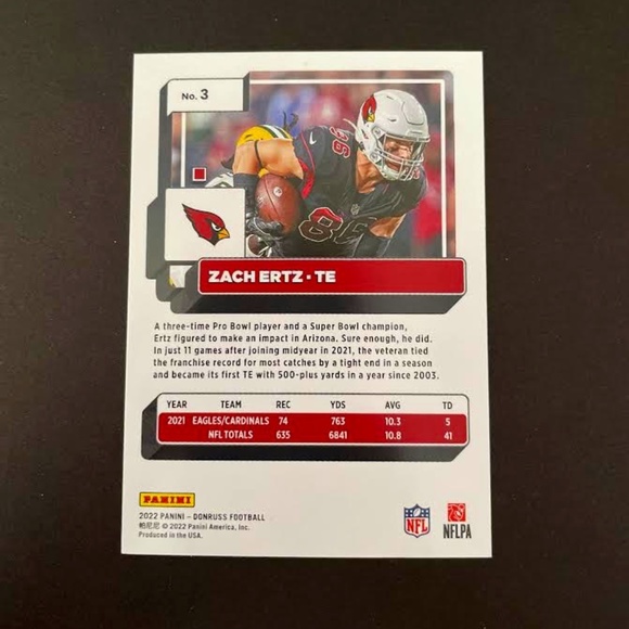 Zach Ertz: Arizona Cardinals, Tight End 2022 Panini Donruss Football #3 - Picture 2 of 2
